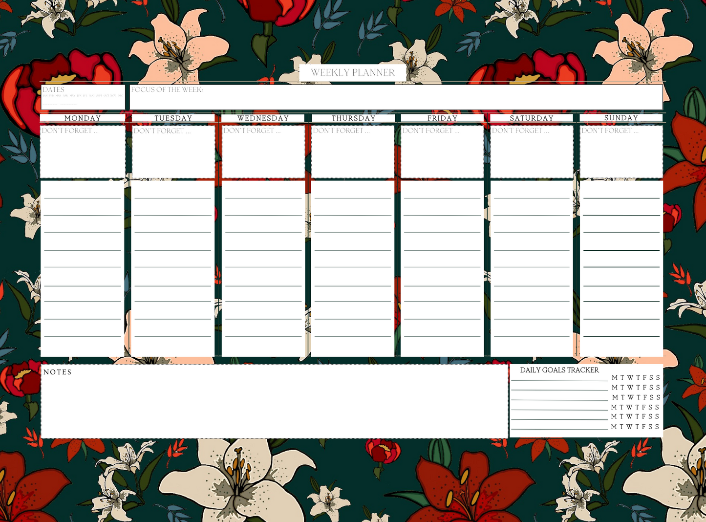 Weekly Planner - Dark Green Lillies